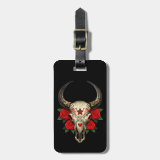 Bull Sugar Skull with Red Roses on Black Luggage Tag