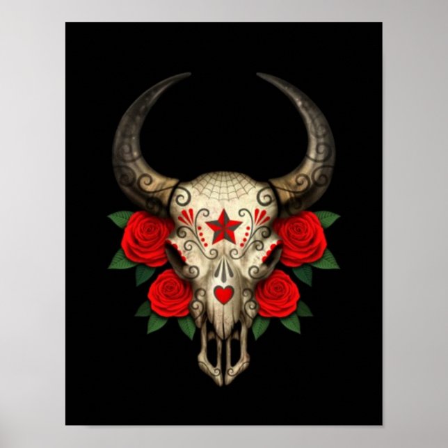 Bull Sugar Skull with Red Roses on Black Poster (Front)