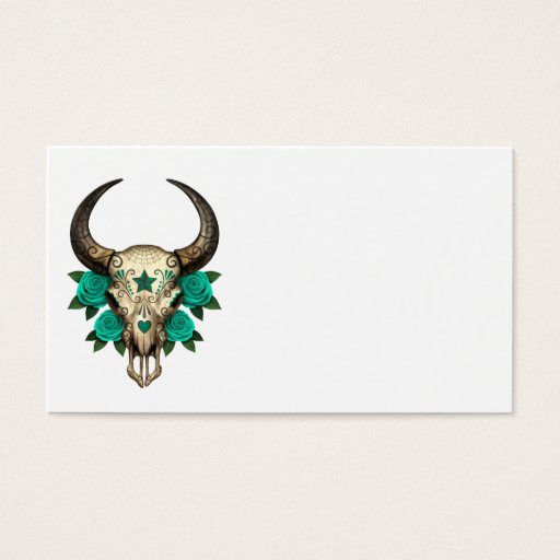 Customizable Bull Sugar Skull with Teal Blue Roses Business Card Template
