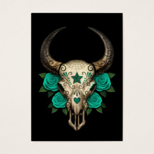 Bull Sugar Skull with Teal Roses on Black Business Card Templates
