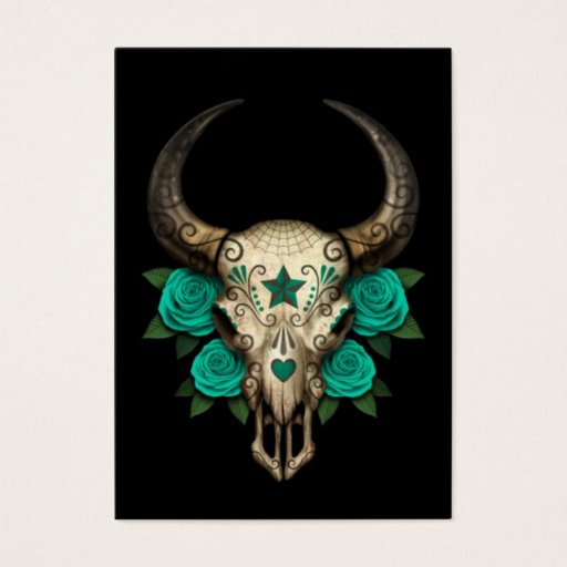 Customizable Bull Sugar Skull with Teal Roses on Black Business Card Templates