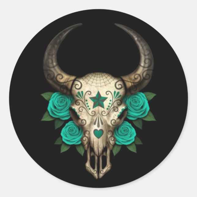 Bull Sugar Skull with Teal Roses on Black Classic Round Sticker (Front)