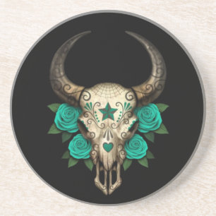 Bull Sugar Skull with Teal Roses on Black Sandstone Coaster