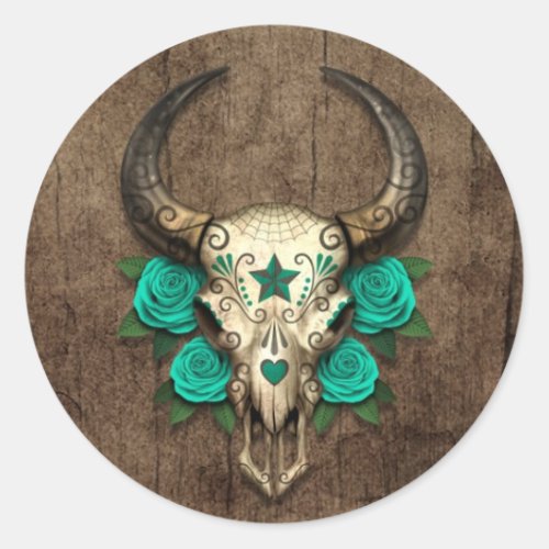 Bull Sugar Skull with Teal Roses on Wood Graphic Classic Round Sticker