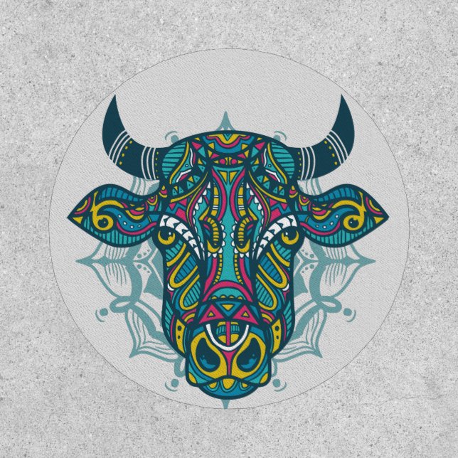 Bull Taurus Tribal Mandala Huichol Art Patch (Front)