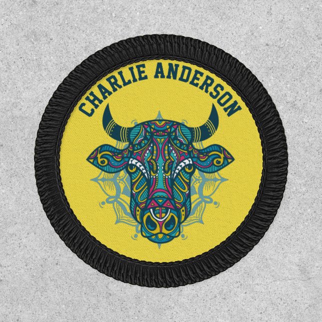 Bull Taurus Tribal Mandala Huichol Art Patch (Front)