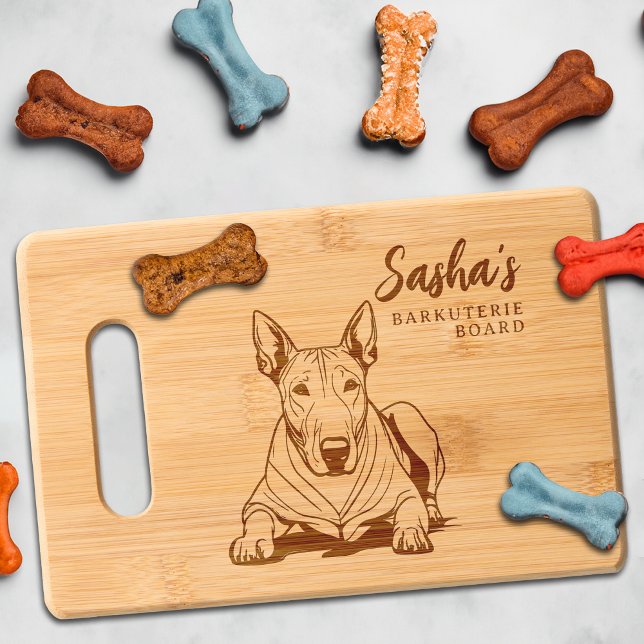 Bull Terrier Barkuterie Dog Treat Wood Engraved Cutting Board (Bull Terrier Dog Cutting Board Barkuterie Personalized with Dog's Name, Gift for Dog Mom, Dad, Owner)