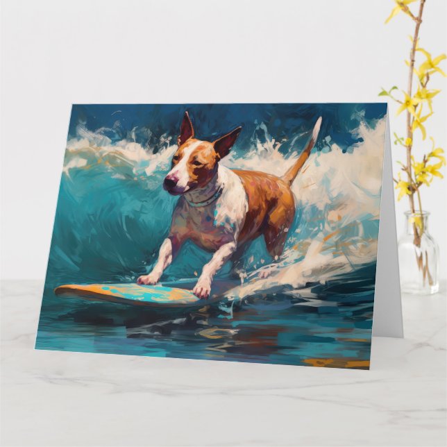 Bull Terrier Beach Surfing Painting Card (Yellow Flower)