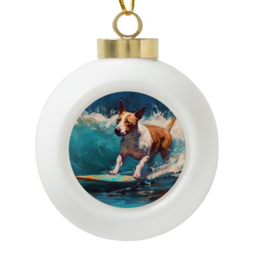 Bull Terrier Beach Surfing Painting Ceramic Ball Christmas Ornament
