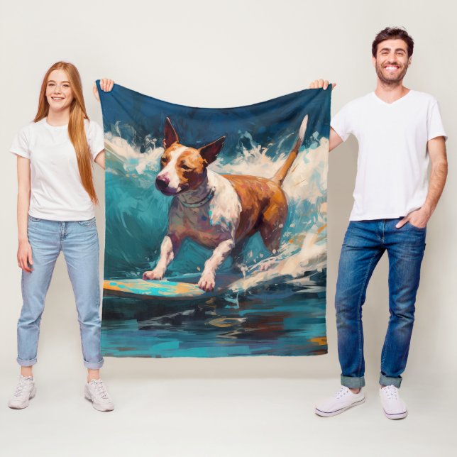 Bull Terrier Beach Surfing Painting Fleece Blanket (In Situ)