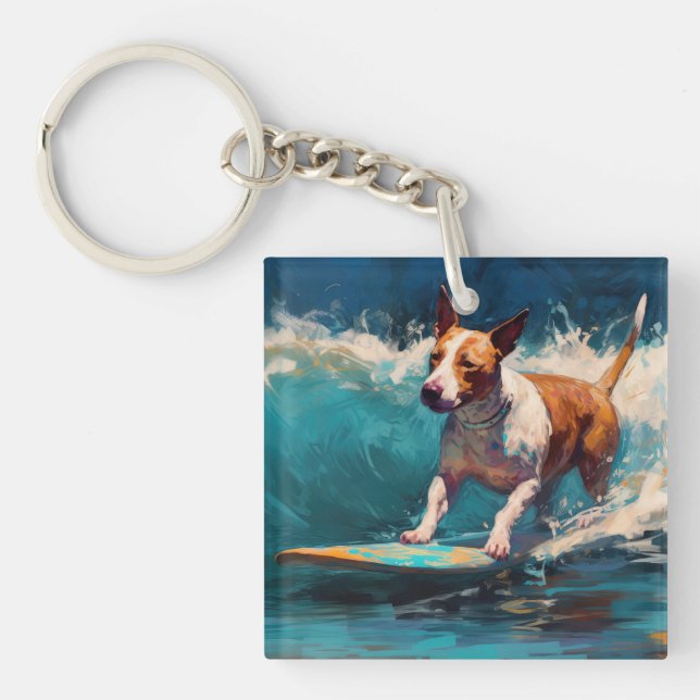 Bull Terrier Beach Surfing Painting Keychain (Front)