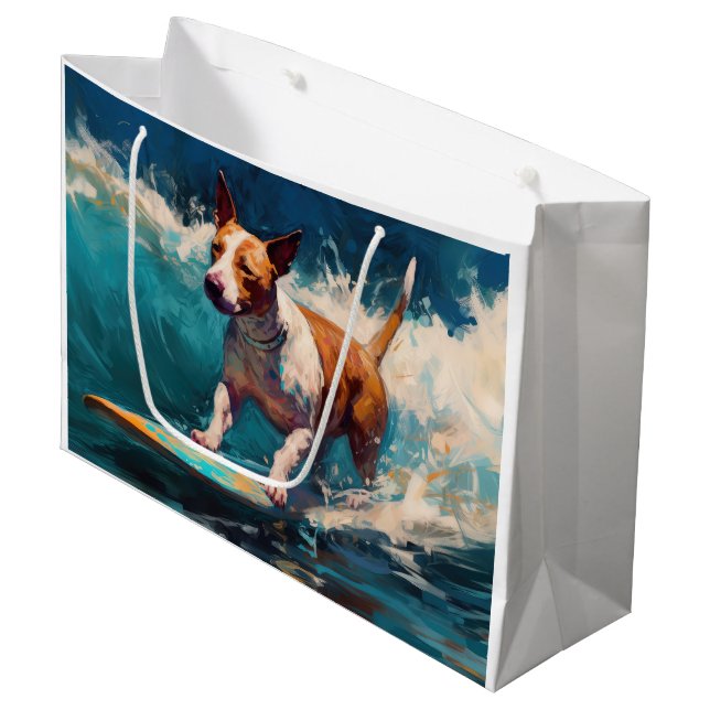 Bull Terrier Beach Surfing Painting Large Gift Bag (Front Angled)