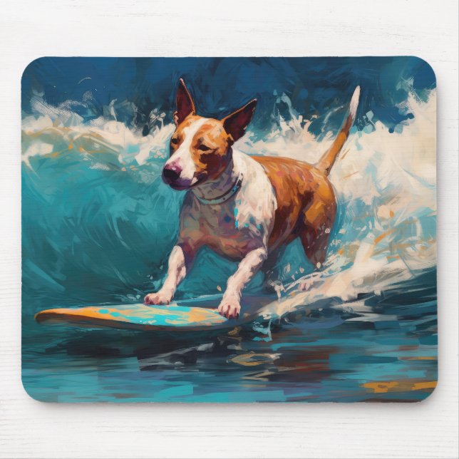 Bull Terrier Beach Surfing Painting Mouse Pad (Front)