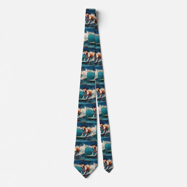 Bull Terrier Beach Surfing Painting Neck Tie (Front)