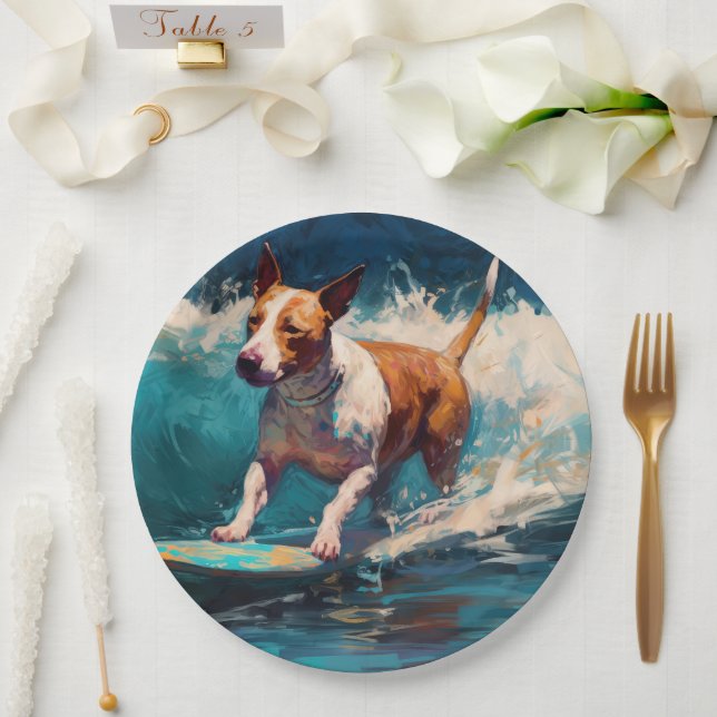 Bull Terrier Beach Surfing Painting Paper Plates (Wedding)