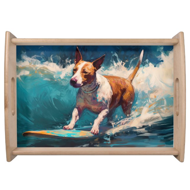 Bull Terrier Beach Surfing Painting Serving Tray (Front)