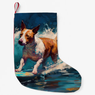 Bull Terrier Beach Surfing Painting Small Christmas Stocking
