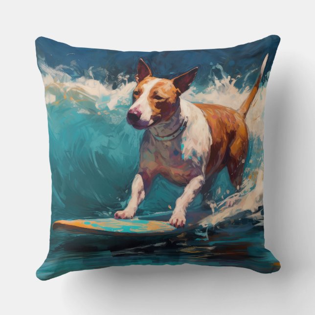 Bull Terrier Beach Surfing Painting Throw Pillow (Back)