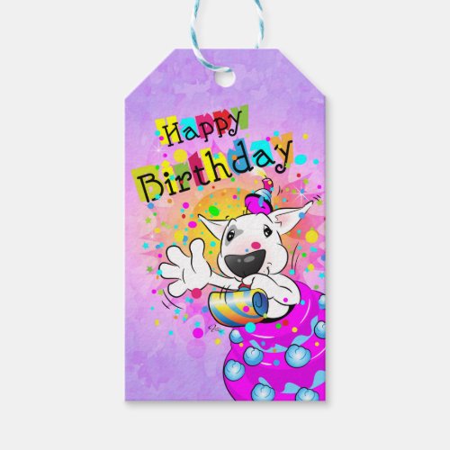 Bull Terrier Cartoon Happy Birthday Gift Tag