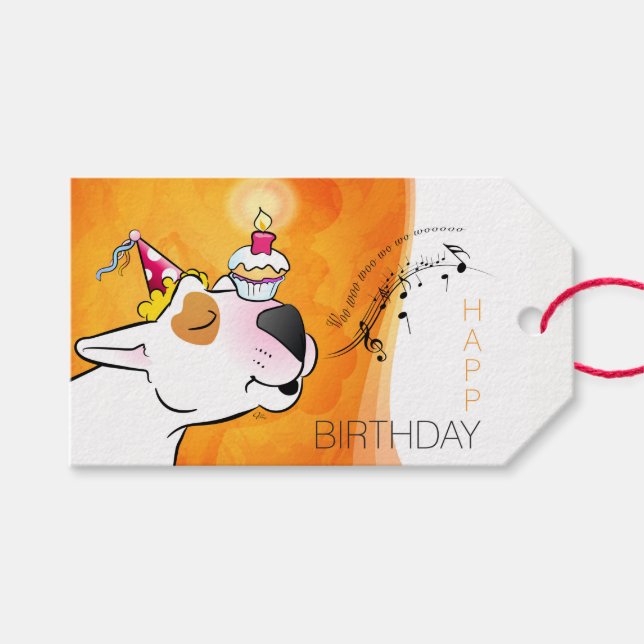 Bull Terrier Cartoon "Happy Birthday" Gift Tag (Front (Horizontal))