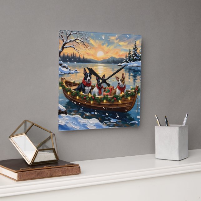 Bull Terrier Christmas Boat Holiday Square Wall Clock (Office)