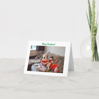 Bull Terrier Christmas Card with Snowman