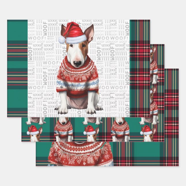 Bull Terrier Christmas Dog Red Green Plaid Wrapping Paper Sheets (Set)