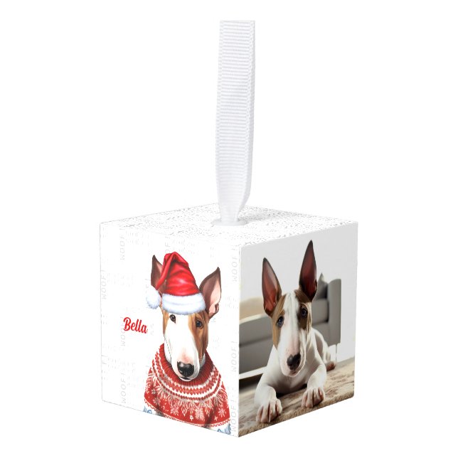 Bull Terrier Christmas Dog Two Photo Holiday Cube Ornament (Front Angled)