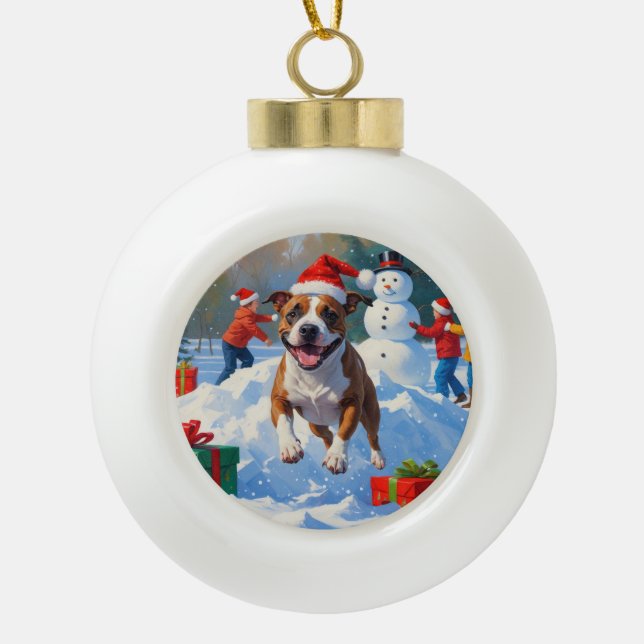 Bull Terrier Christmas Festive Snow Scene Ceramic Ball Christmas Ornament (Front)