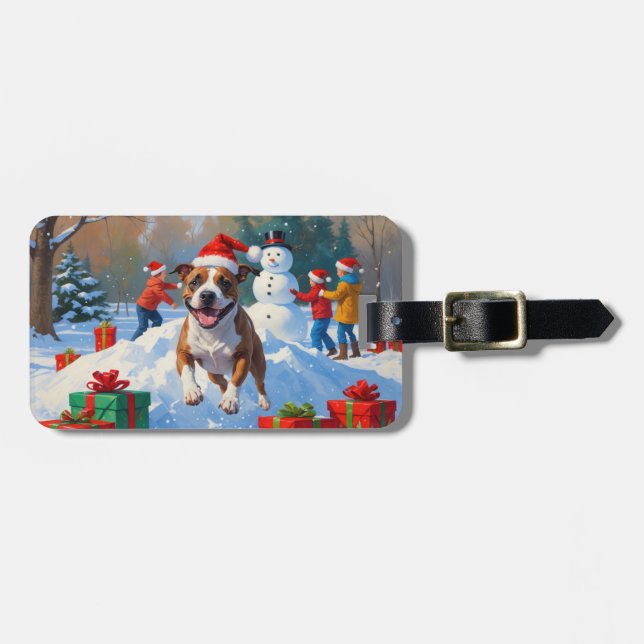 Bull Terrier Christmas Festive Snow Scene Luggage Tag (Front Horizontal)