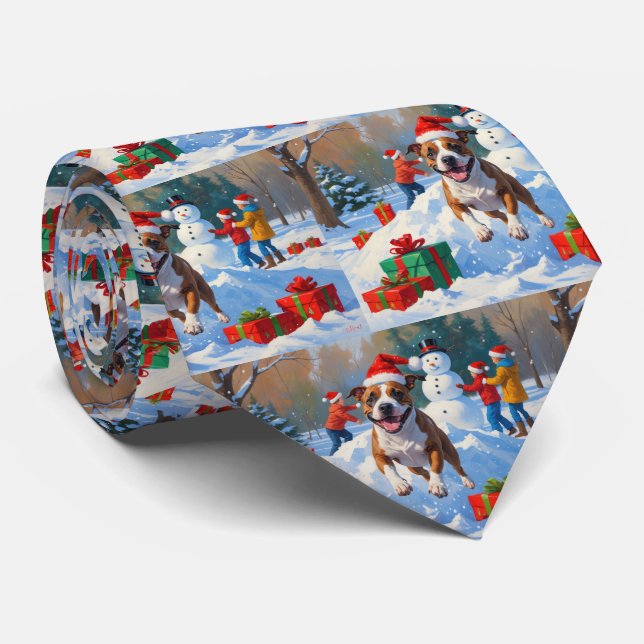 Bull Terrier Christmas Festive Snow Scene Neck Tie (Rolled)