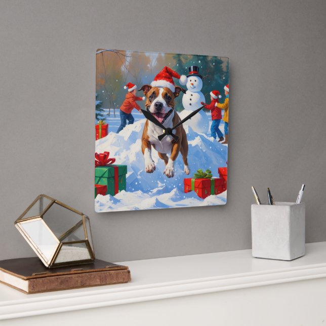 Bull Terrier Christmas Festive Snow Scene Square Wall Clock (Office)