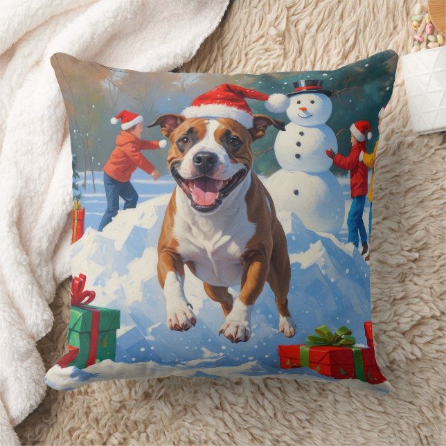 Bull Terrier Christmas Festive Snow Scene Throw Pillow (Blanket)
