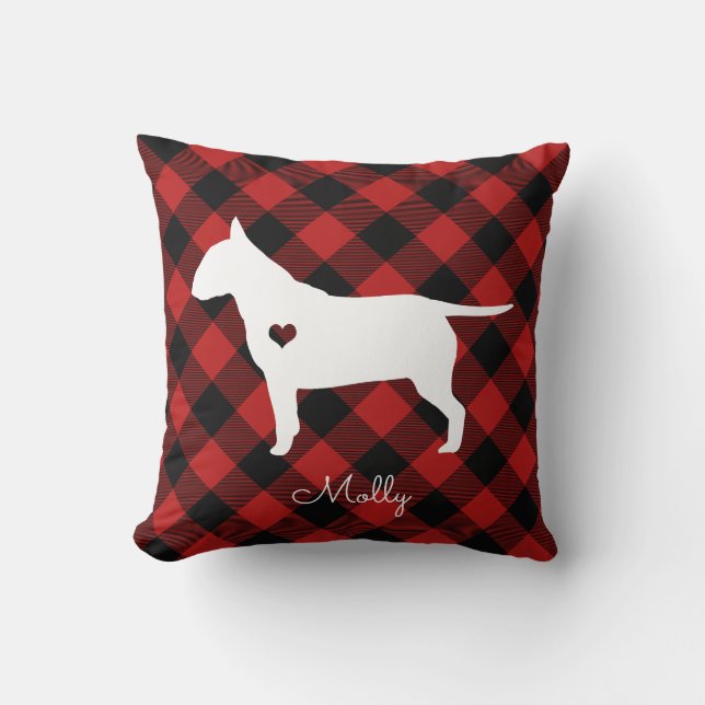 Bull Terrier Christmas Plaid Dog Name Throw Pillow (Front)