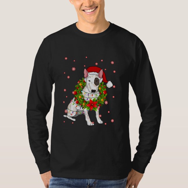Bull Terrier Christmas Santa Hat Xmas Lights Dog T-Shirt (Front)