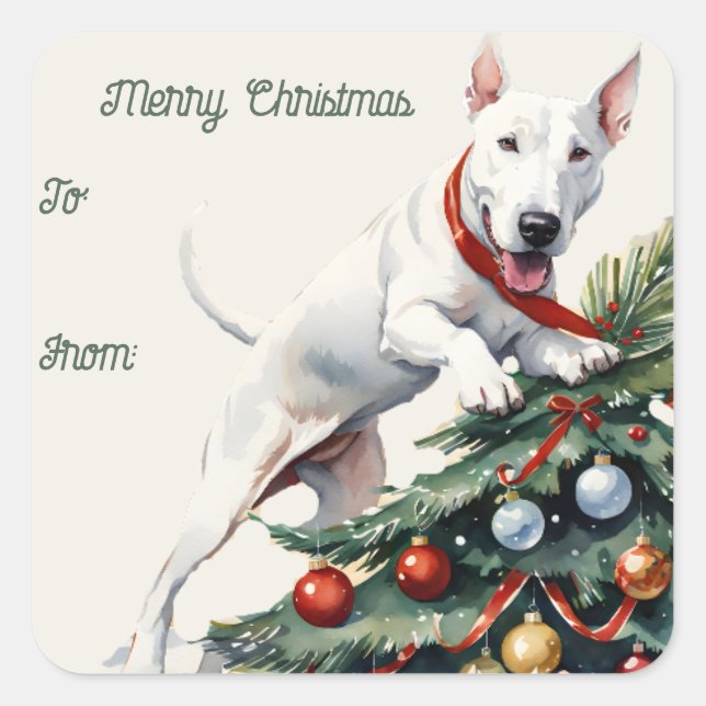 Bull Terrier & Christmas Tree Gift Tag Sticker (Front)