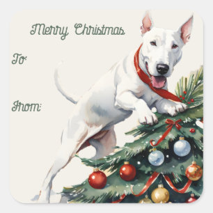 Bull Terrier & Christmas Tree Gift Tag Sticker