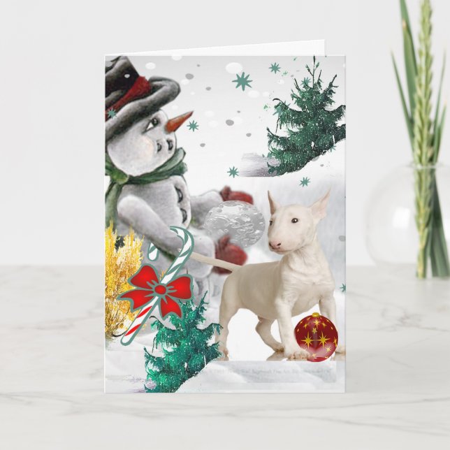 Bull Terrier Christmas with Snowman Holiday Card (Front)