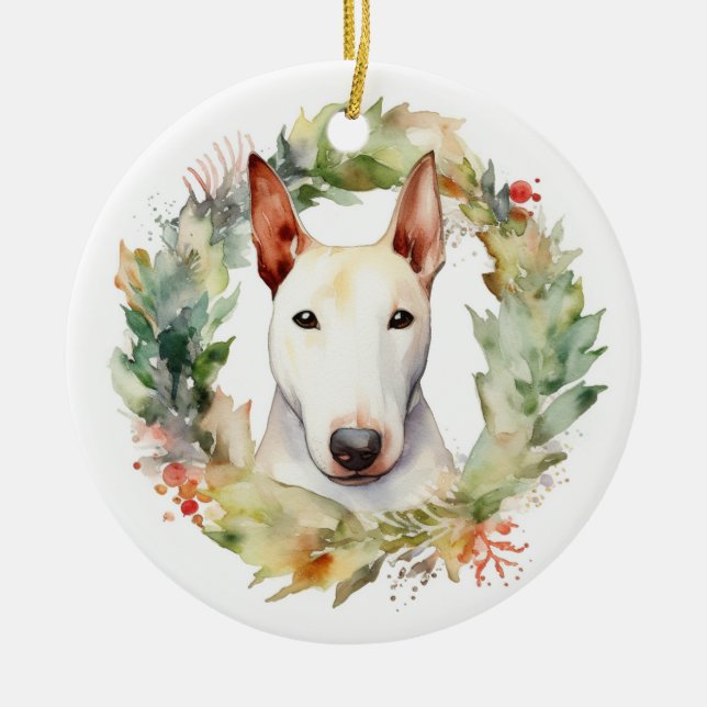 Bull Terrier Christmas Wreath Festive Pup  Ceramic Ornament (Front)