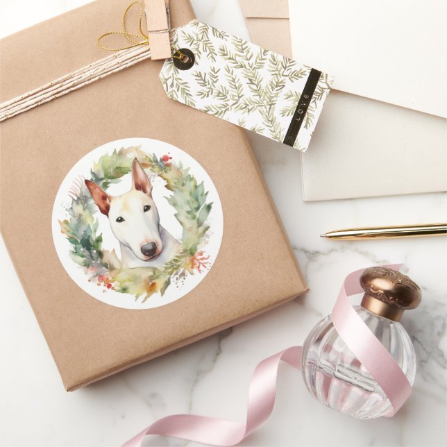 Bull Terrier Christmas Wreath Festive Pup  Classic Round Sticker (Gifting)