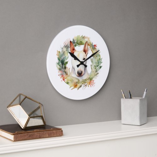 Bull Terrier Christmas Wreath Festive Pup  Large Clock