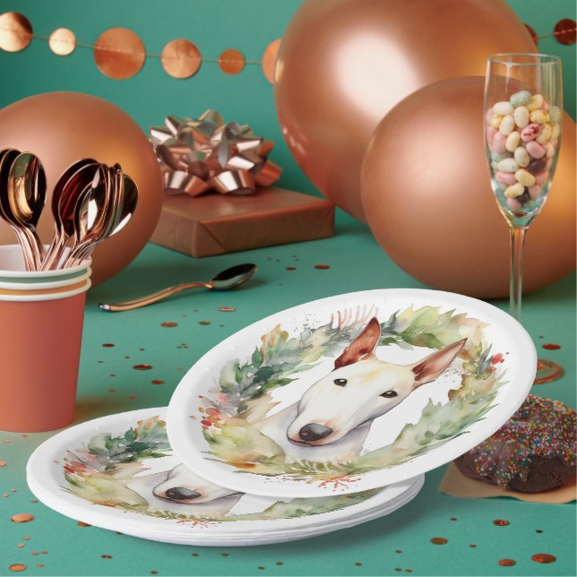 Bull Terrier Christmas Wreath Festive Pup  Paper Plates (Multi)