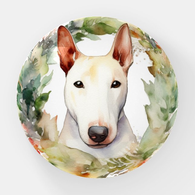 Bull Terrier Christmas Wreath Festive Pup  Paperweight (Front)