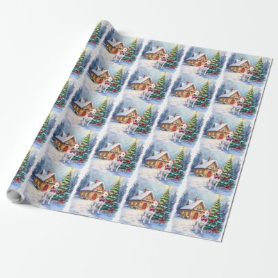 Bull Terrier Cozy Cottage Christmas Tree Art Wrapping Paper