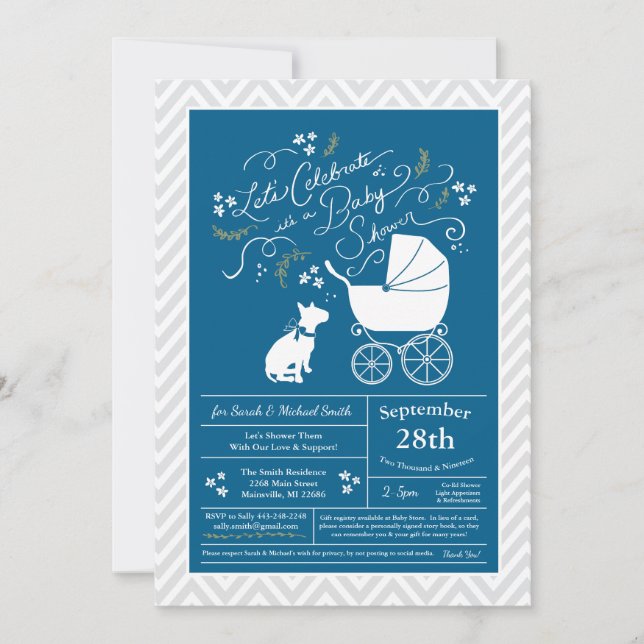 Bull Terrier Dog Baby Shower Blue Boy Invitation (Front)