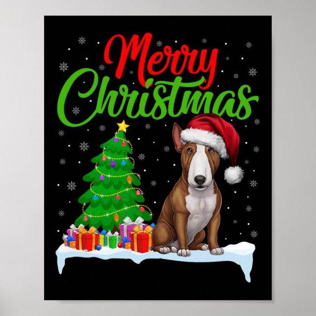 Bull Terrier Dog Christmas Tree Lights Funny Xmas  Poster (Front)