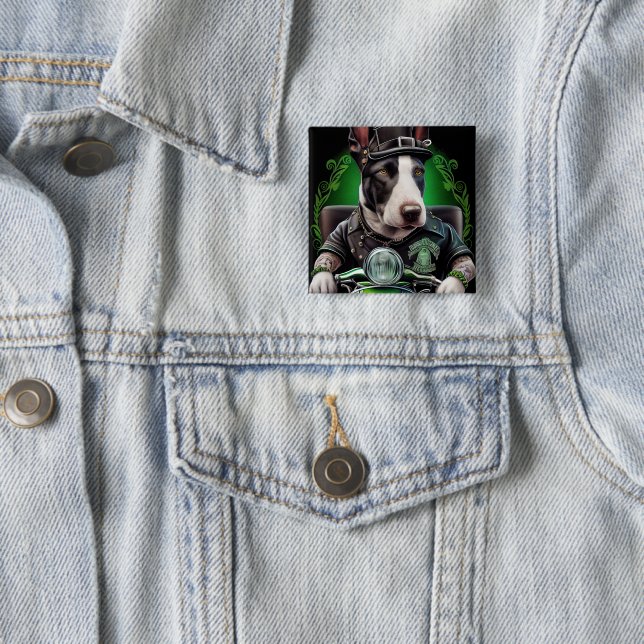 Bull Terrier Dog Driving Bike St. Patrick's Day Button (In Situ)