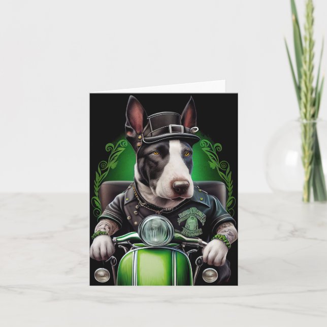 Bull Terrier Dog Driving Bike St. Patrick's Day Card (Front)