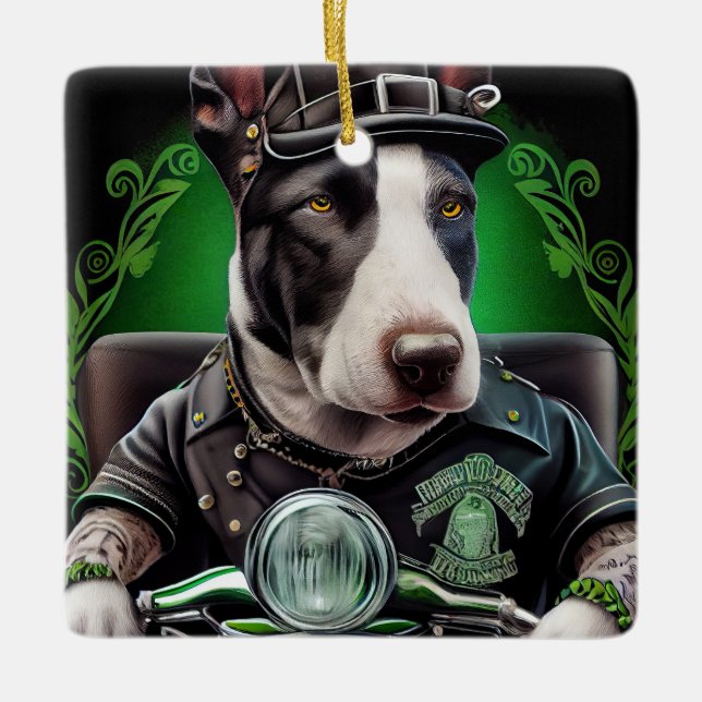 Bull Terrier Dog Driving Bike St. Patrick's Day Ceramic Ornament (Front)