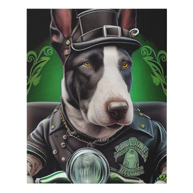Bull Terrier Dog Driving Bike St. Patrick's Day Faux Canvas Print (Front)